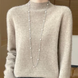 Fashion 100% Wool Sweater Women's Mock-Neck Knitwear Cashmere Pullovers Autumn Winter Long Sleeve Jumpers Clothing Tops