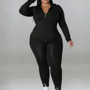 Plus Size Hooded Tracksuit Women Zipper Jacket With Pockets Casual 2 Piece