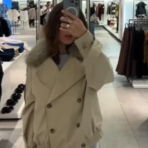 Long Sleeve Jacket Women Cropped Trench Coat Lapel Double Breasted Pocket Jackets 2025 Autumn New Female Retro Streetwear